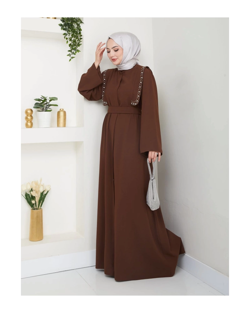 Taşli Abaya Tesettür Giyim Kadin Ferace Elbise Siyah