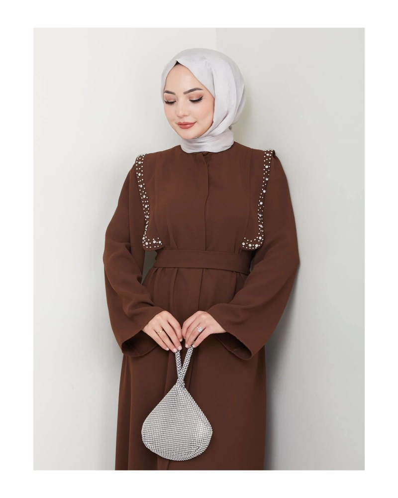 Taşli Abaya Tesettür Giyim Kadin Ferace Elbise Siyah