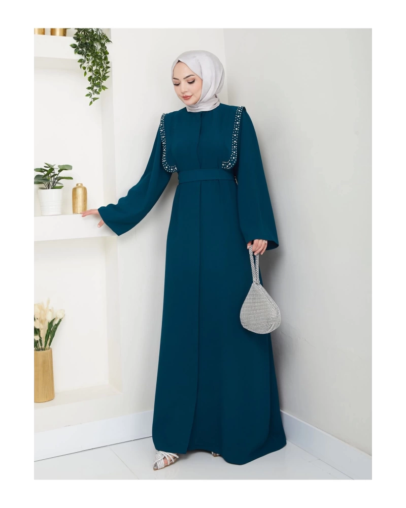 Taşli Abaya Tesettür Giyim Kadin Ferace Elbise Siyah