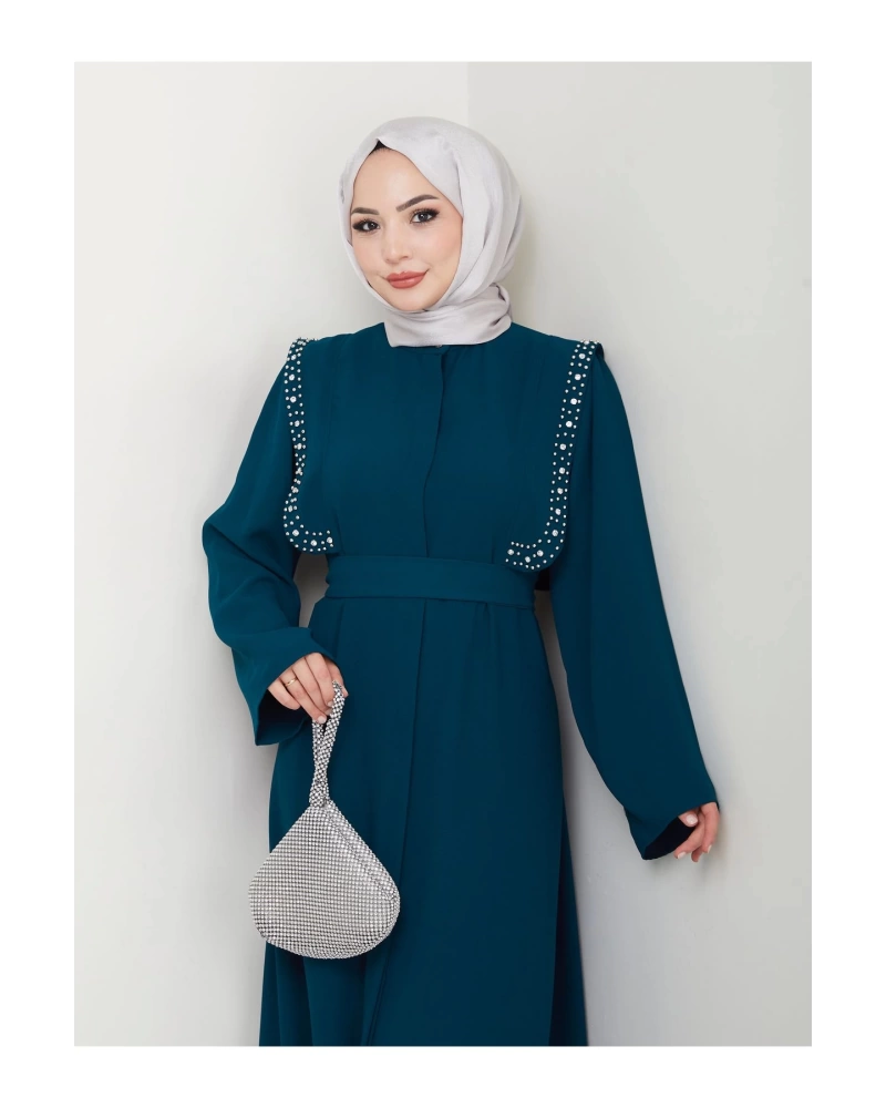 Taşli Abaya Tesettür Giyim Kadin Ferace Elbise Siyah