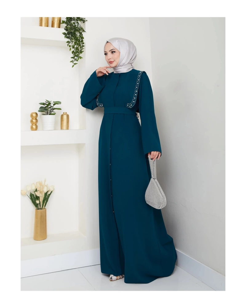 Taşli Abaya Tesettür Giyim Kadin Ferace Elbise Siyah