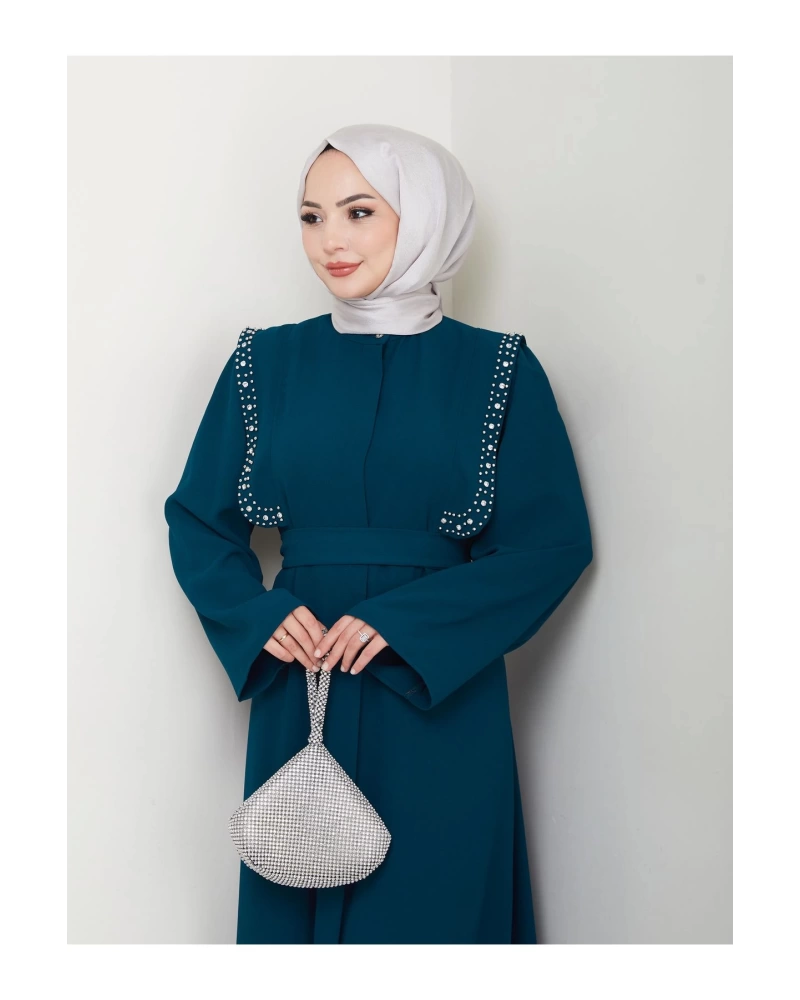 Taşli Abaya Tesettür Giyim Kadin Ferace Elbise Siyah