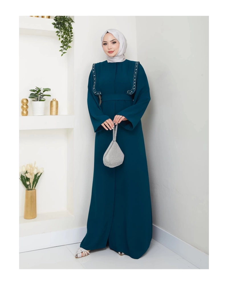 Taşli Abaya Tesettür Giyim Kadin Ferace Elbise Siyah