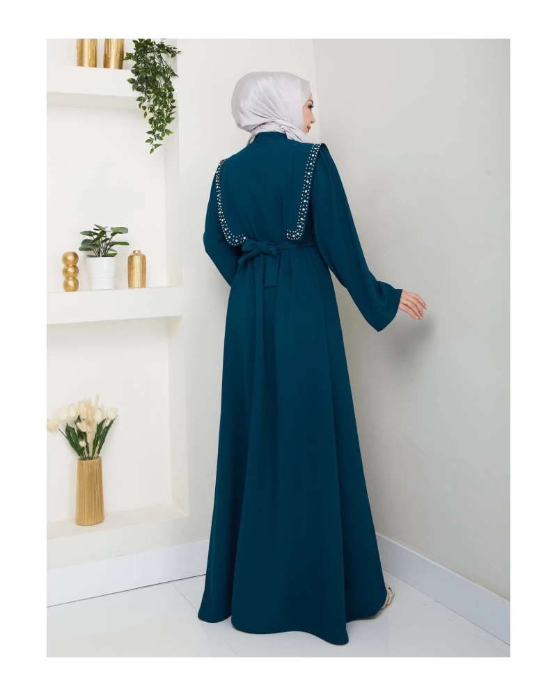 Taşli Abaya Tesettür Giyim Kadin Ferace Elbise Siyah