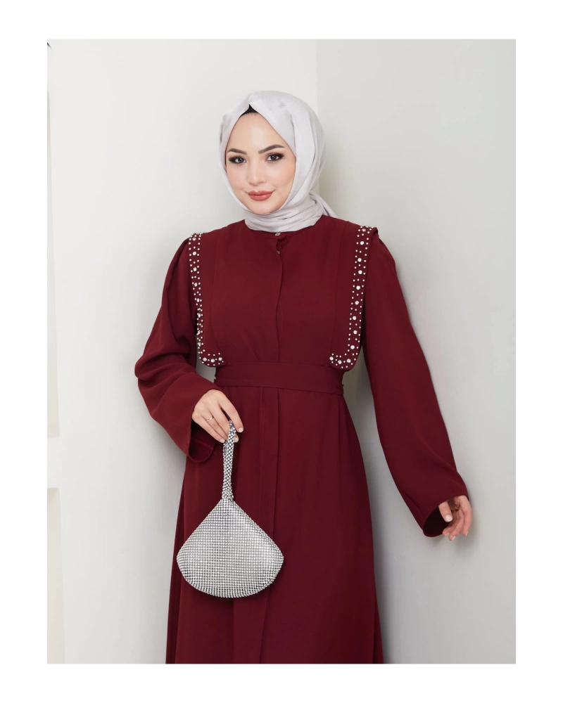 Taşli Abaya Tesettür Giyim Kadin Ferace Elbise Siyah