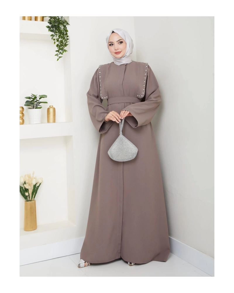 Taşli Abaya Tesettür Giyim Kadin Ferace Elbise Siyah