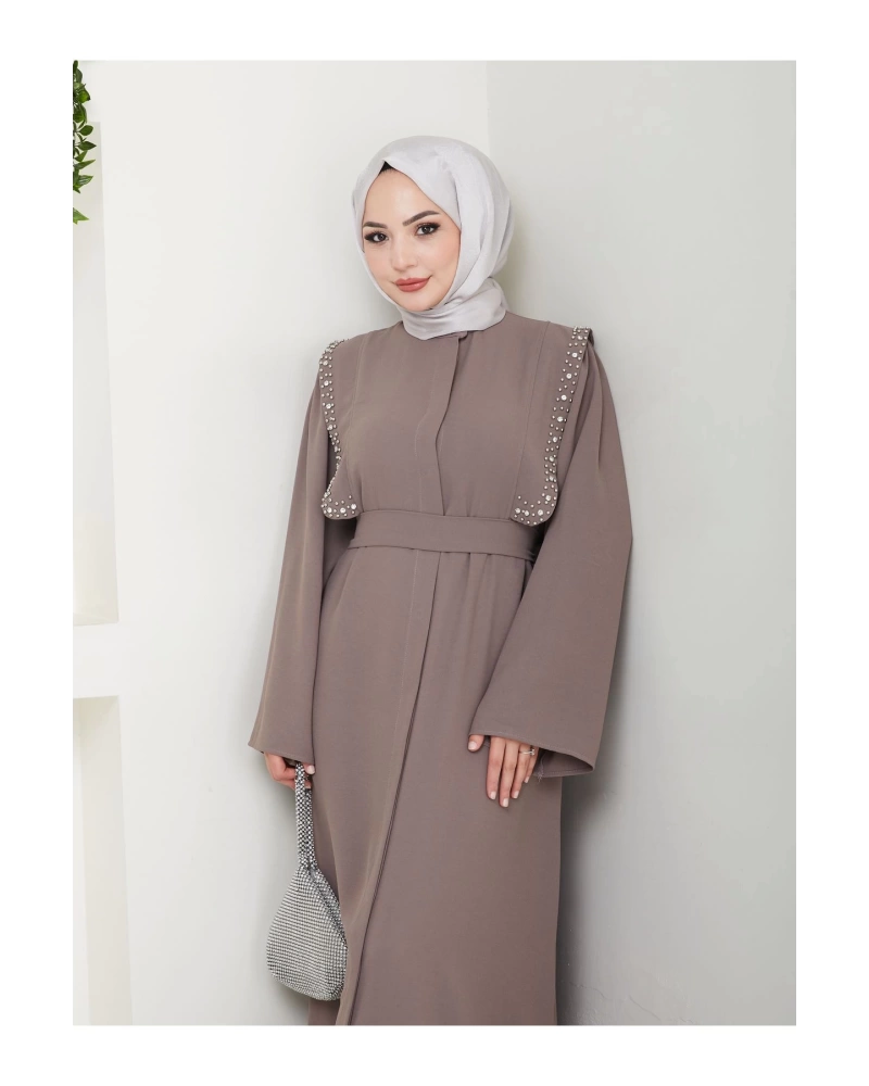 Taşli Abaya Tesettür Giyim Kadin Ferace Elbise Siyah