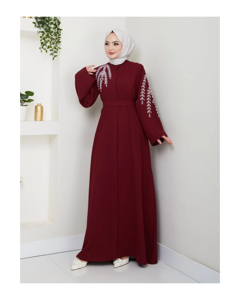 Taşli Abaya Tesettür Gıyım Kadın Ferace Elbıse Bordo