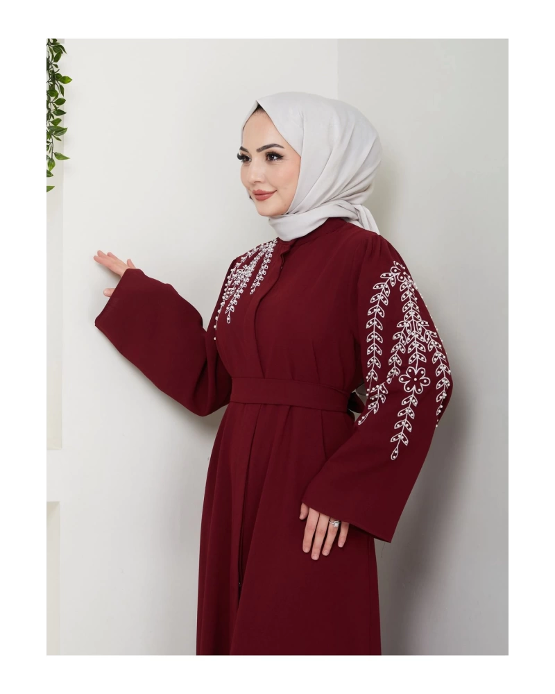 Taşli Abaya Tesettür Gıyım Kadın Ferace Elbıse Bordo