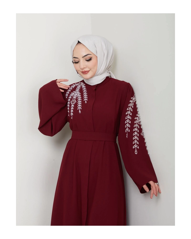 Taşli Abaya Tesettür Gıyım Kadın Ferace Elbıse Bordo