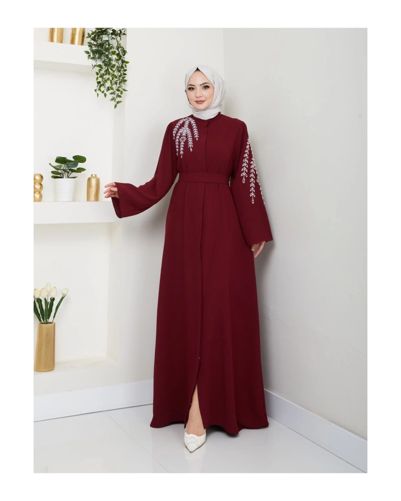 Taşli Abaya Tesettür Gıyım Kadın Ferace Elbıse Bordo