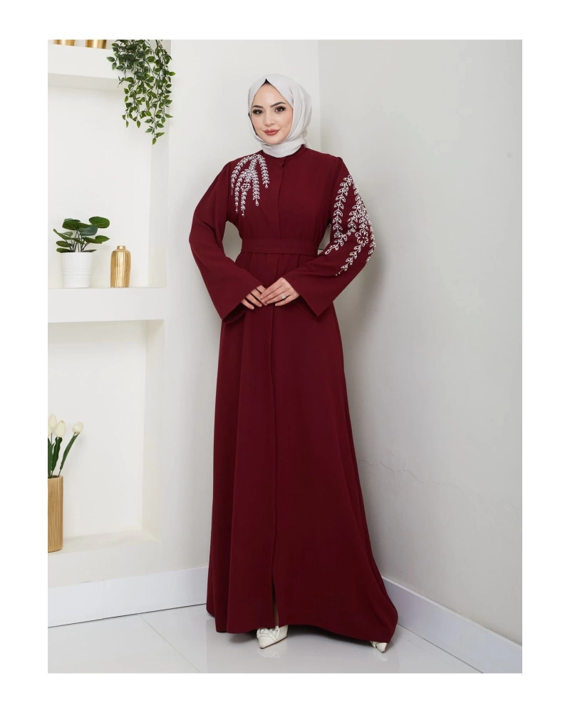 Taşli Abaya Tesettür Gıyım Kadın Ferace Elbıse Bordo