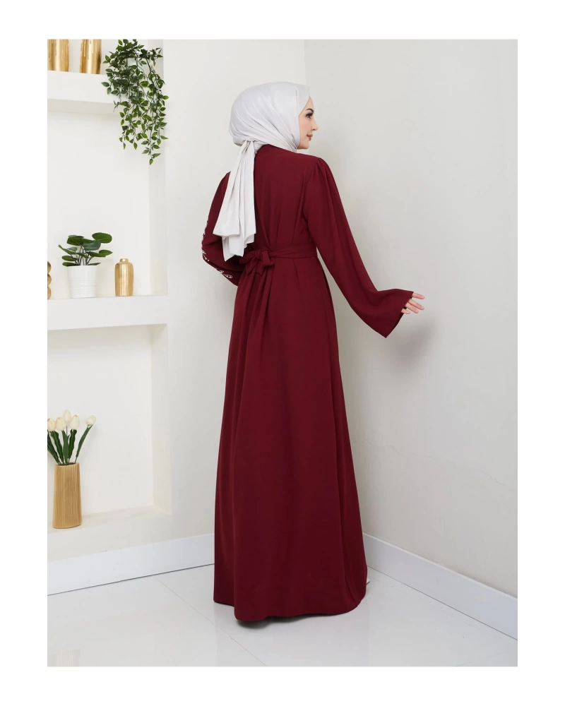 Taşli Abaya Tesettür Gıyım Kadın Ferace Elbıse Bordo
