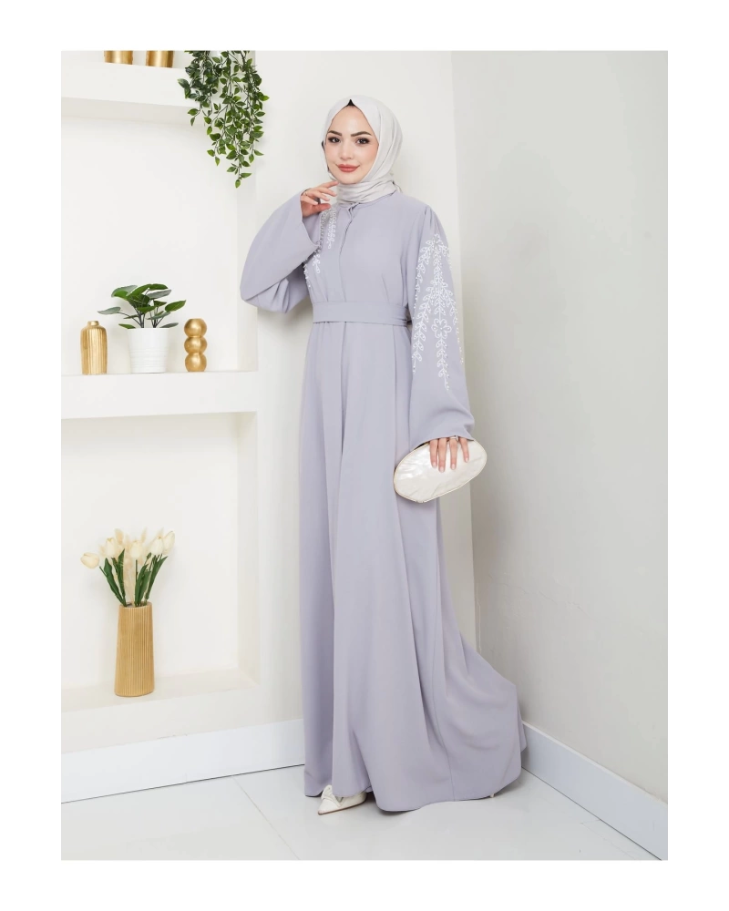 TAŞLİ ABAYA TESETTÜR GIYIM KADIN FERACE ELBISE GRİ