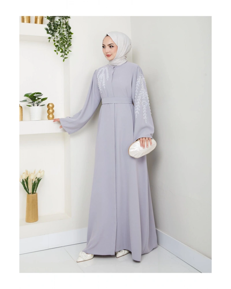 TAŞLİ ABAYA TESETTÜR GIYIM KADIN FERACE ELBISE GRİ