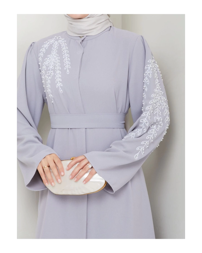 TAŞLİ ABAYA TESETTÜR GIYIM KADIN FERACE ELBISE GRİ