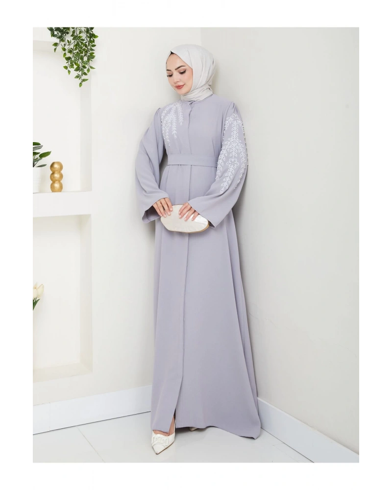 TAŞLİ ABAYA TESETTÜR GIYIM KADIN FERACE ELBISE GRİ