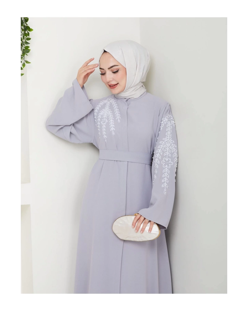 TAŞLİ ABAYA TESETTÜR GIYIM KADIN FERACE ELBISE GRİ