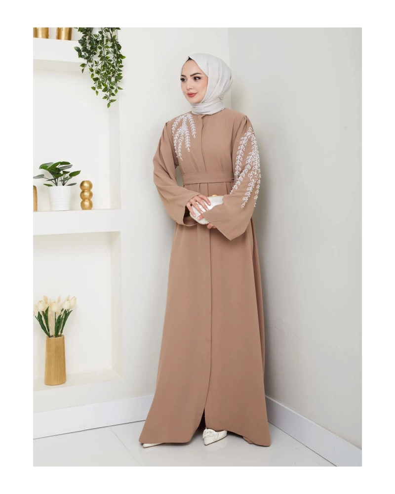 TAŞLİ ABAYA TESETTÜR GIYIM KADIN FERACE ELBISE BEJ