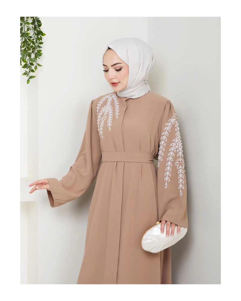 TAŞLİ ABAYA TESETTÜR GIYIM KADIN FERACE ELBISE BEJ