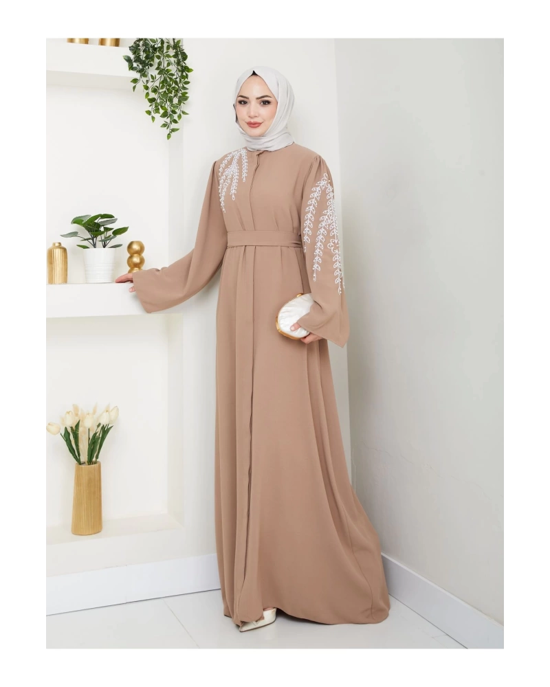 TAŞLİ ABAYA TESETTÜR GIYIM KADIN FERACE ELBISE BEJ