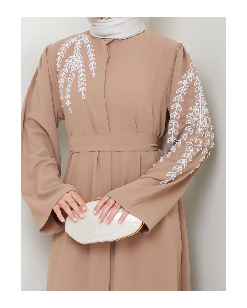 TAŞLİ ABAYA TESETTÜR GIYIM KADIN FERACE ELBISE BEJ