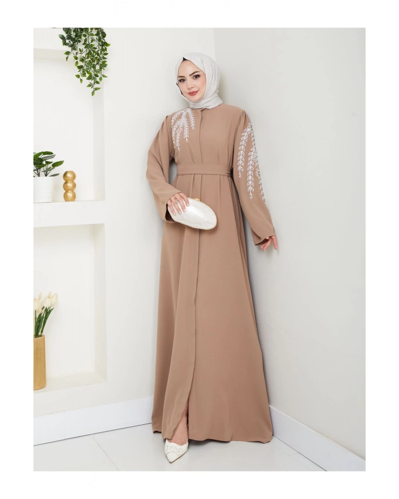 TAŞLİ ABAYA TESETTÜR GIYIM KADIN FERACE ELBISE BEJ
