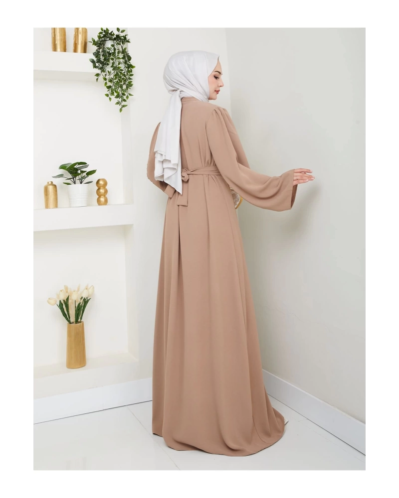 TAŞLİ ABAYA TESETTÜR GIYIM KADIN FERACE ELBISE BEJ