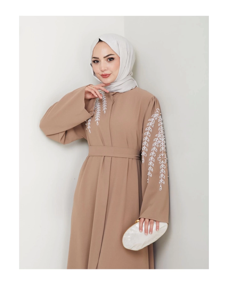 TAŞLİ ABAYA TESETTÜR GIYIM KADIN FERACE ELBISE BEJ