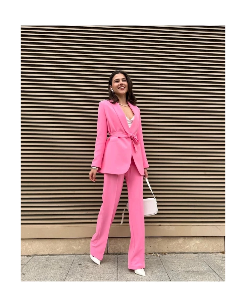 KADIN KUŞAKLI BLAZER CEKET PANTOLON TAKIM ASTARLİ