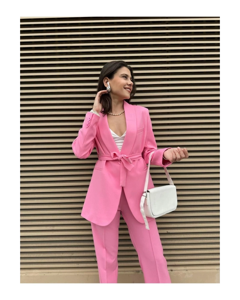 KADIN KUŞAKLI BLAZER CEKET PANTOLON TAKIM ASTARLİ