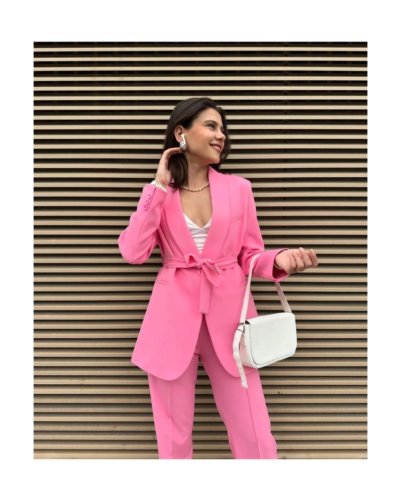 KADIN KUŞAKLI BLAZER CEKET PANTOLON TAKIM ASTARLİ