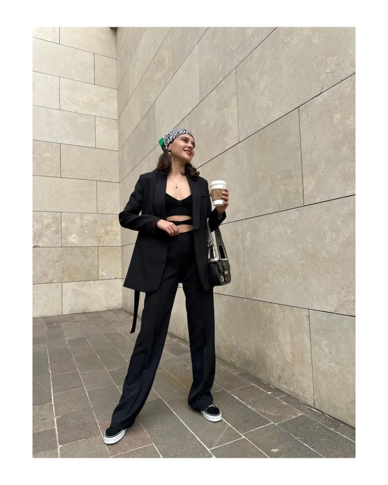 KADIN KUŞAKLI BLAZER CEKET PANTOLON TAKIM ASTARLİ