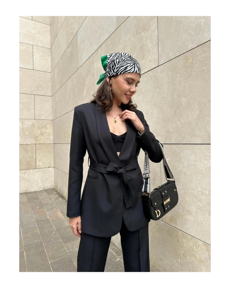 KADIN KUŞAKLI BLAZER CEKET PANTOLON TAKIM ASTARLİ