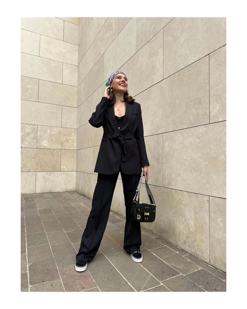 KADIN KUŞAKLI BLAZER CEKET PANTOLON TAKIM ASTARLİ