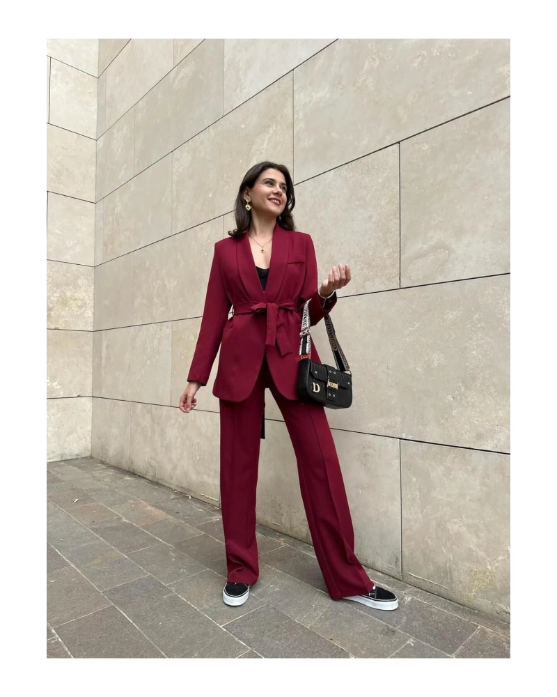 KADIN KUŞAKLI BLAZER CEKET PANTOLON TAKIM ASTARLİ