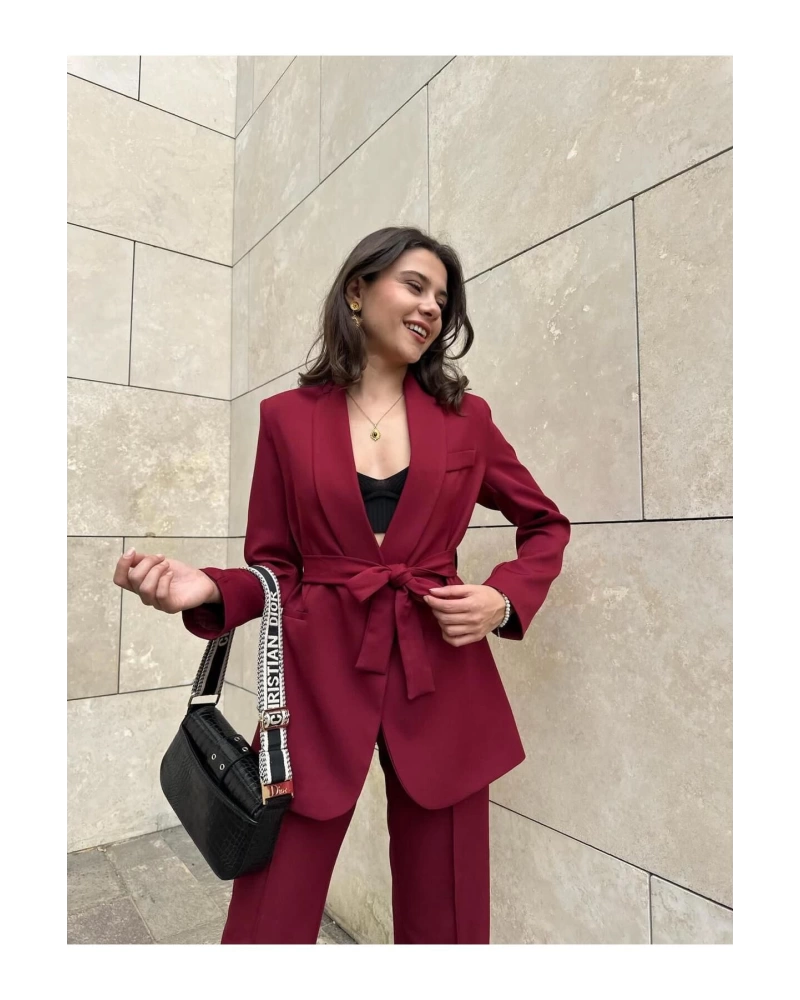 KADIN KUŞAKLI BLAZER CEKET PANTOLON TAKIM ASTARLİ