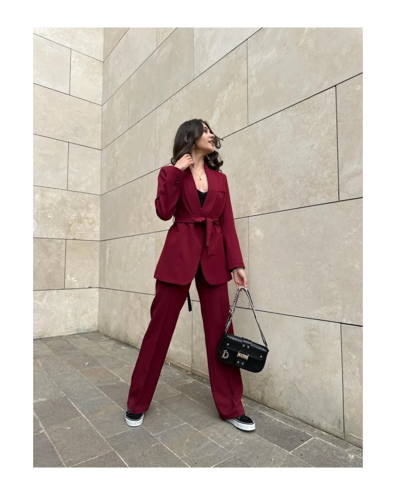 KADIN KUŞAKLI BLAZER CEKET PANTOLON TAKIM ASTARLİ