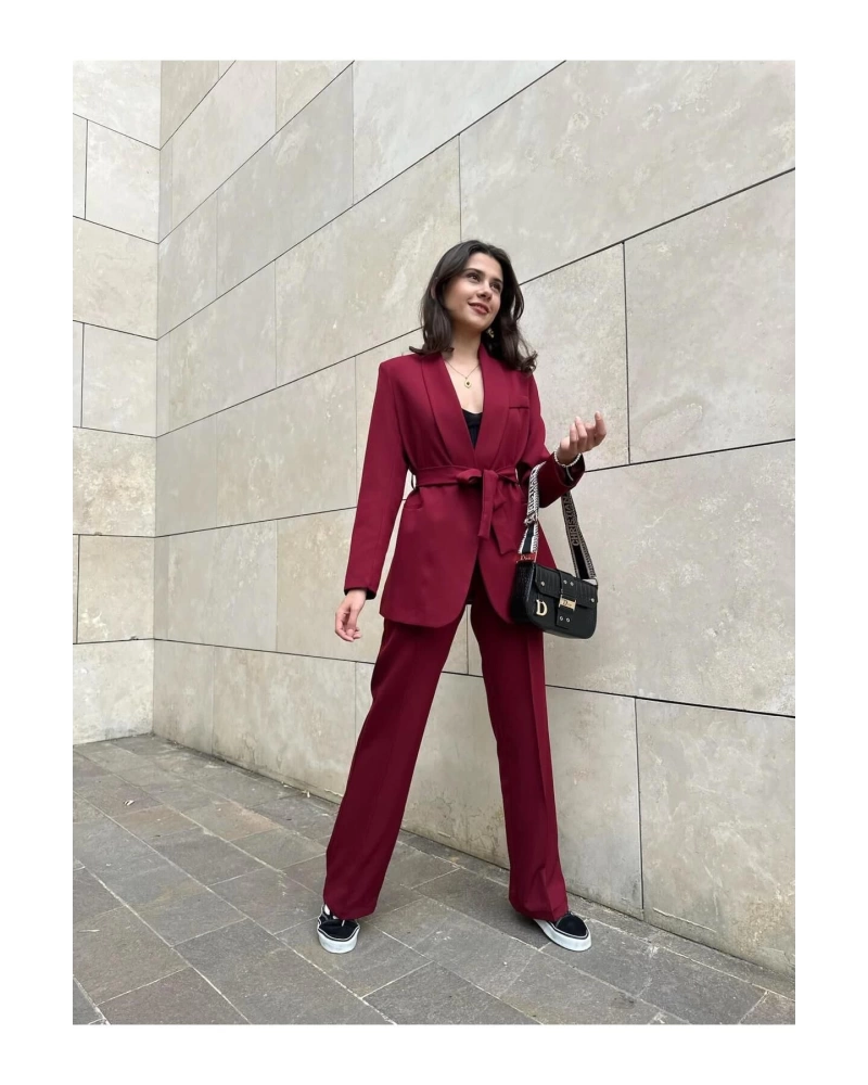 KADIN KUŞAKLI BLAZER CEKET PANTOLON TAKIM ASTARLİ