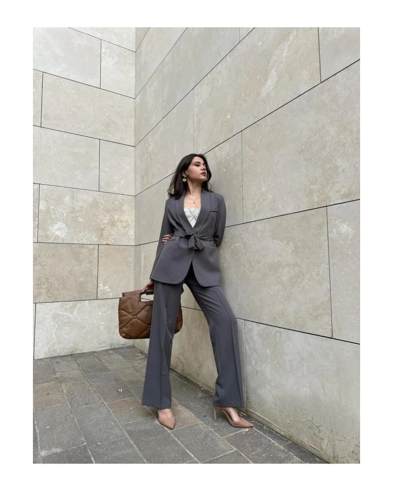 KADIN KUŞAKLI BLAZER CEKET PANTOLON TAKIM ASTARLİ