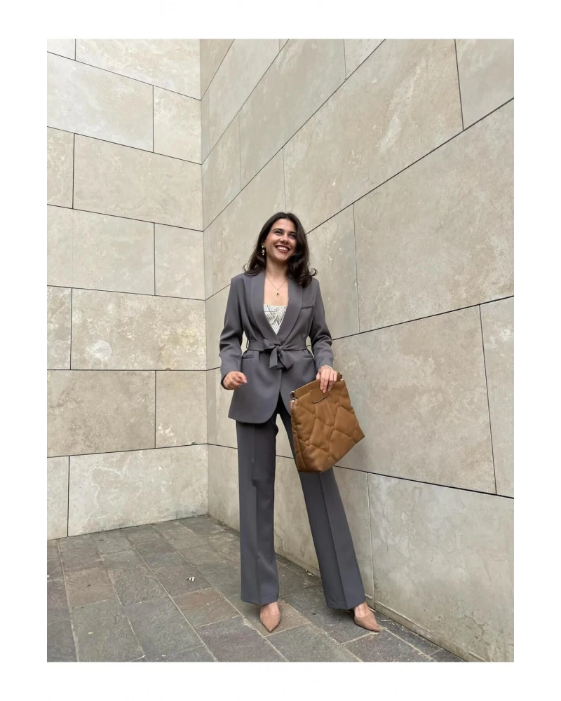 KADIN KUŞAKLI BLAZER CEKET PANTOLON TAKIM ASTARLİ