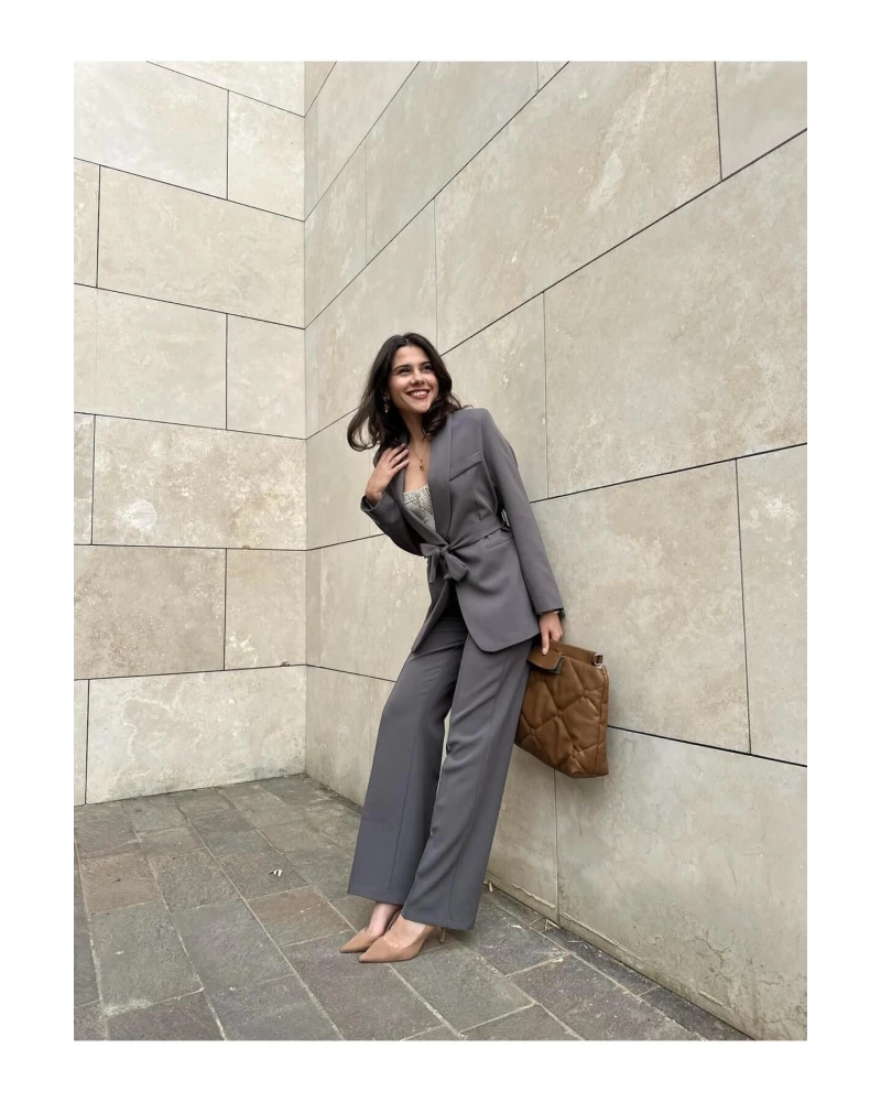 KADIN KUŞAKLI BLAZER CEKET PANTOLON TAKIM ASTARLİ