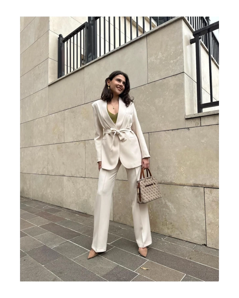 KADIN KUŞAKLI BLAZER CEKET PANTOLON TAKIM ASTARLİ