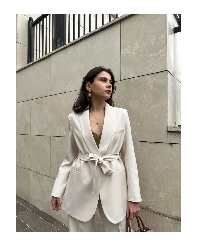 KADIN KUŞAKLI BLAZER CEKET PANTOLON TAKIM ASTARLİ