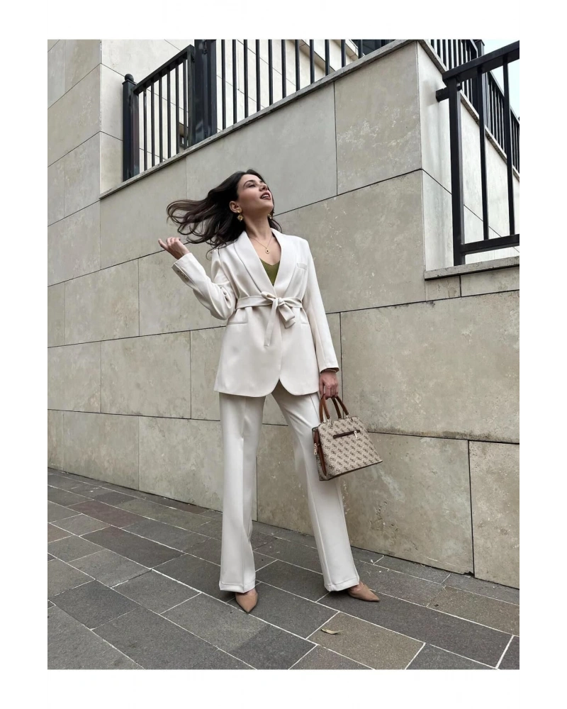 KADIN KUŞAKLI BLAZER CEKET PANTOLON TAKIM ASTARLİ