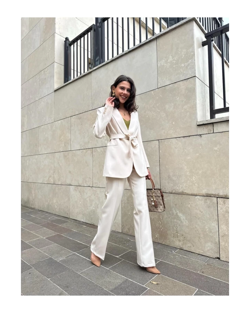 KADIN KUŞAKLI BLAZER CEKET PANTOLON TAKIM ASTARLİ
