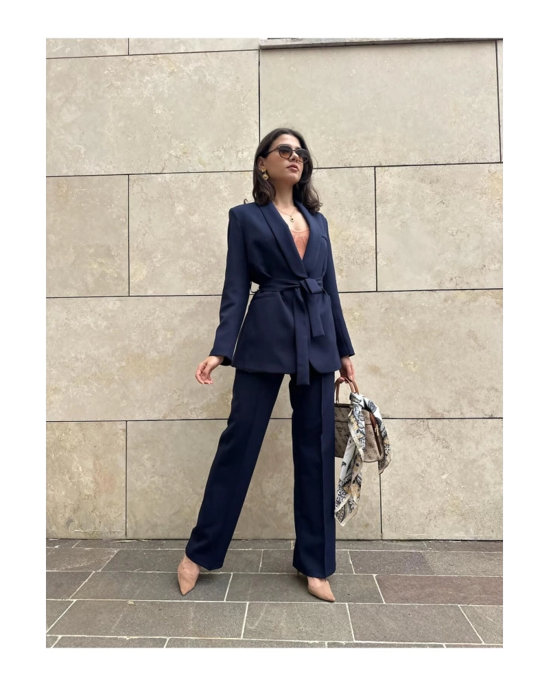 KADIN KUŞAKLI BLAZER CEKET PANTOLON TAKIM ASTARLİ