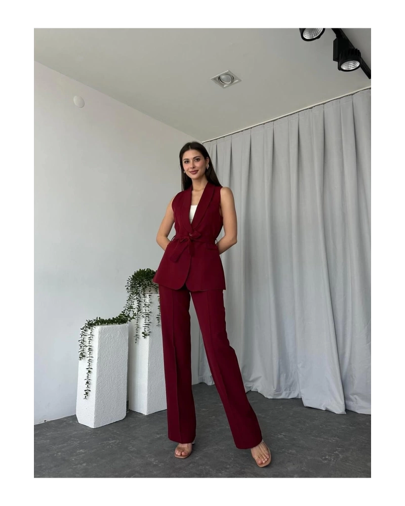 KADIN LEİLA YELEK PANTOLON TAKIM ASTARLİ KUŞAKLI