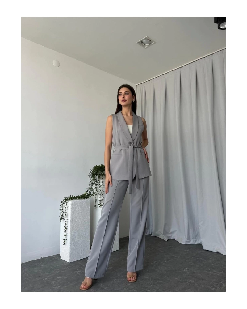 KADIN LEİLA YELEK PANTOLON TAKIM ASTARLİ KUŞAKLI