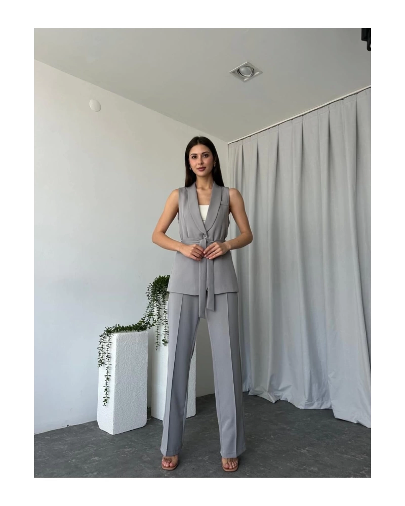 KADIN LEİLA YELEK PANTOLON TAKIM ASTARLİ KUŞAKLI
